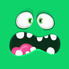 Angry Cartoon Green Monster Face With Big Mouth. Vector Halloween illustration of scary monster