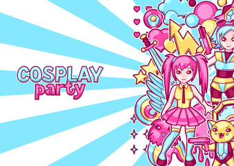 Japanese anime cosplay party invitation. Cute kawaii characters and items - obrazy, fototapety, plakaty