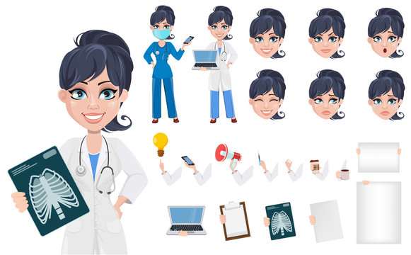 Beautiful cartoon character medic creation set.