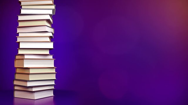 A Stack of books on a blue background.  4k resolution 3D rendering. 

Frames from 95 to 445 are loopable. Alpha Matte is included