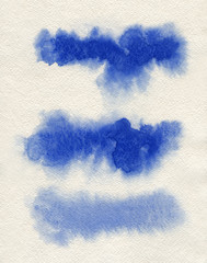 Watercolor. Blue abstract painted ink strokes set on watercolor paper. Ink strokes. Flat kind brush stroke.
