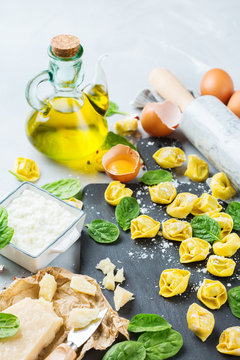 Italian food and ingredients, handmade tortellini with spinach and ricotta