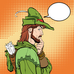 Surprised Robin Hood. Robin Hood. Defender of weak. Medieval legends. Heroes of medieval legends. Halftone background. Surprised man.