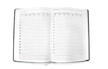 Top view of open notebook with white pages isolated on white background