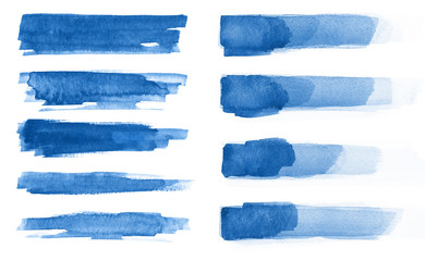 Watercolor. Blue abstract painted ink strokes set on watercolor paper. Ink strokes. Flat kind brush...