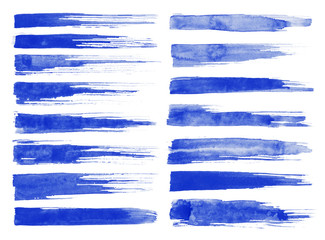 Watercolor. Blue abstract painted ink strokes set on watercolor paper. Ink strokes. Flat kind brush stroke.