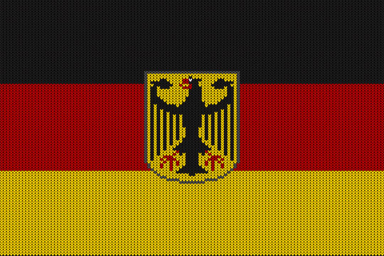 Flag and federal coat of arms of Germany on a vector knitted woolen texture. Knitted German flag and emblem creates seamless pattern