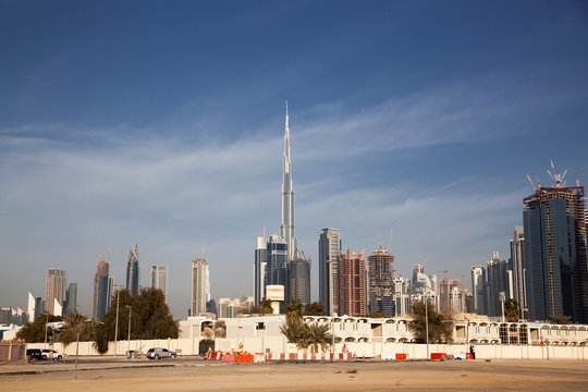 Dubai, UAE - FEBRUARY 2018: Dubai Downtown skyscrapers as viewed from the Dubai water canal.