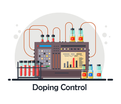 Anti-doping laboratory for blood, urine tests, medical equipment for analysis and doping control with probe A and B, research process concept in flat style - vector illustration