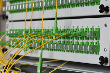 Panel with optical cables is in the server room
