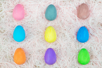 Flat lay of Easter eggs, view from above with copy space for text. concept of stylish