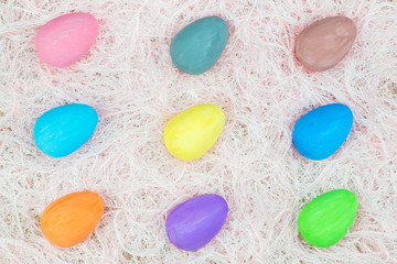 Flat lay of Easter eggs, view from above with copy space for text. concept of stylish