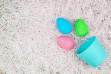 Flat lay of Easter eggs, view from above with copy space for text. concept of stylish