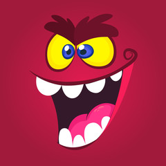 Angry cartoon monster face with a big smile. Vector Halloween red monster illustration