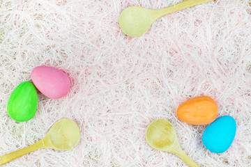 Flat lay of Easter eggs, view from above with copy space for text. concept of stylish