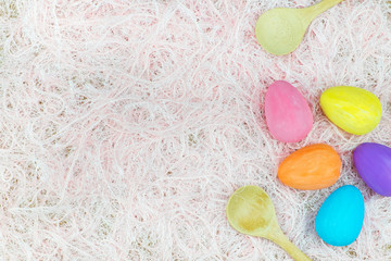 Flat lay of Easter eggs, view from above with copy space for text. concept of stylish