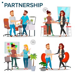Business Partnership Set Vector. Business Man And Business Woman. Casual Handshaking. Business Connection. Isolated Flat Cartoon Illustration