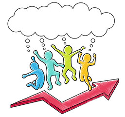 Farbige Strichmännchen: Geschäftsleute beim Freudensprung mit rotem Pfeil nach oben und Sprechblase ( Schraffierte Vektor-Zeichnung