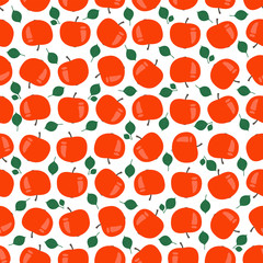 
Seamless pattern of red apples with green leaves, vector illustration on white background.
