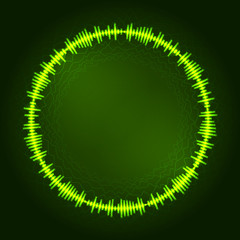 Digital equalizer. Acid green lines with wavy circles. Musical frame background. Easy to recolor. Eps10 vector.