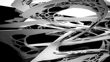 Abstract white and black parametric interior with window. 3D illustration and rendering.