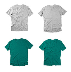Front and back view of colored t-shirts on white background.