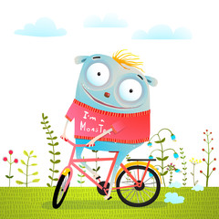 Obraz na płótnie Canvas Happiness and bicycle trip of small monsters. Vector illustration.