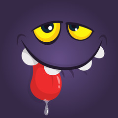 Happy cartoon monster face avatar showing tongue. Vector Halloween black monster character