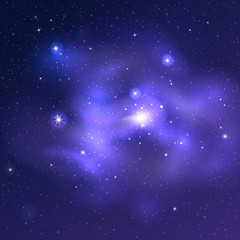 Fototapeta na wymiar Vector bright universe background with blue nebulas and shiny stars