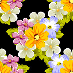 Elegant seamless pattern of flowers on a black background. For the design of cards, invitations, greeting cards, fabrics, banners. For birthday, wedding, party, Valentine's day, holiday.