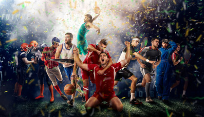 players of different sports on the football stadium 3D rendering