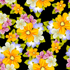 Obraz premium Elegant seamless pattern of flowers on a black background. For the design of cards, invitations, greeting cards, fabrics, banners. For birthday, wedding, party, Valentine's day, holiday.