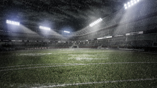 rainy soccer stadium in light rays at night 3d illustration