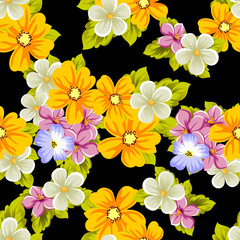 Elegant seamless pattern of flowers on a black background. For the design of cards, invitations, greeting cards, fabrics, banners. For birthday, wedding, party, Valentine's day, holiday.