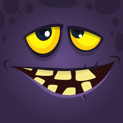 Happy cool cartoon monster face avatar with crooked smile. Vector Halloween black monster character