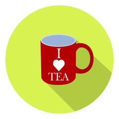 a mug with tea on a yellow background with a shadow and an inscription I love tea