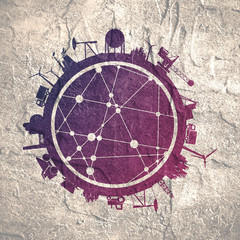 Circle with industry relative silhouettes. Objects located around the circle. Industrial design background. Molecule and communication texture. Connected lines with dots.
