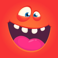 Happy cartoon monster face. Vector Halloween excited red monster with wide mouth