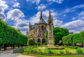 Cathedral Notre Dame de Paris and Square Jean XXIII in Paris, France