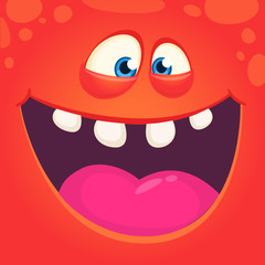 Funny cute cartoon monster face. Vector Halloween  red monster with wide mouth laughing
