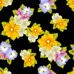 Elegant seamless pattern of flowers on a black background. For the design of cards, invitations, greeting cards, fabrics, banners. For birthday, wedding, party, Valentine's day, holiday.