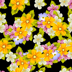 Elegant seamless pattern of flowers on a black background. For the design of cards, invitations, greeting cards, fabrics, banners. For birthday, wedding, party, Valentine's day, holiday.