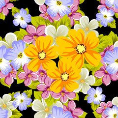 Fototapeta premium Elegant seamless pattern of flowers on a black background. For the design of cards, invitations, greeting cards, fabrics, banners. For birthday, wedding, party, Valentine's day, holiday.