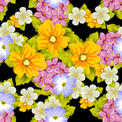 Fototapeta na wymiar Elegant seamless pattern of flowers on a black background. For the design of cards, invitations, greeting cards, fabrics, banners. For birthday, wedding, party, Valentine's day, holiday.