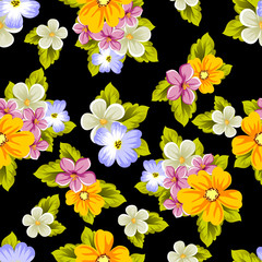 Fototapeta premium Elegant seamless pattern of flowers on a black background. For the design of cards, invitations, greeting cards, fabrics, banners. For birthday, wedding, party, Valentine's day, holiday.