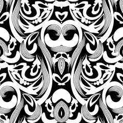 Floral black and white damask seamless pattern. Vector background with hand drawn doodle vintage flowers, swirl leaves, baroque style ornaments. Isolated luxury design for wallpapers, fabric, prints