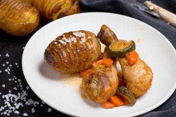 Roasted chicken drumsticks with hasselback potatoes