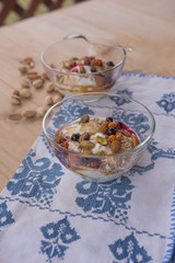 Two tasty meals prepared as dessert with berries and nuts