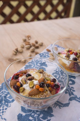 Healthy snack prepared in glass bowl