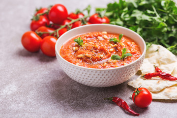Indian Tomato Rasam with lentil, mint, cilantro and cashew